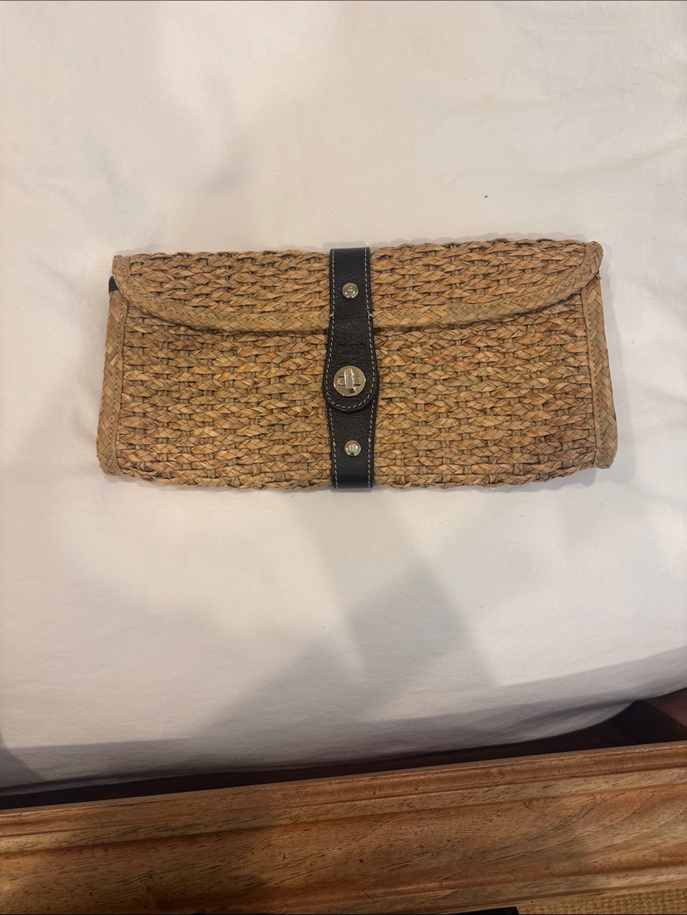 Woven Straw Clutch Black Leather Strap